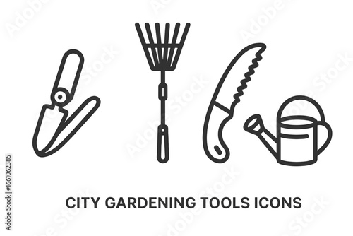 Urban Gardening Tools Vector Icons Set. Outline style garden tools for city spaces. Folding trowel, telescoping rake, pruning saw, watering can. Modern equipment, minimalist black line illustration