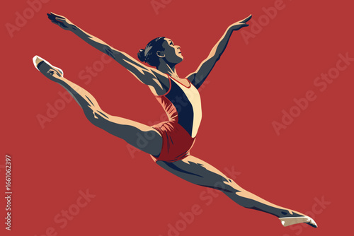 Graceful gymnast executing a perfect split leap mid-air, showcasing athleticism, flexibility, and power.