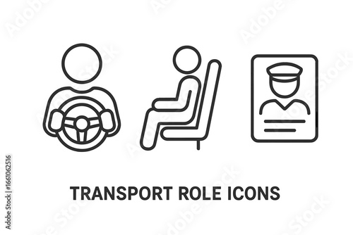 Transport role icon set. Outline vector illustration of driver behind steering wheel, passenger seated, transport professional ID badge. Taxi driver, bus passenger, public transit, travel concept.