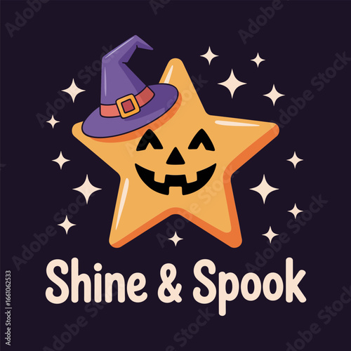 shine and spook jack o lantern star with witch hat eyes surrounded by stars halloween graphic vector for stickers posters t shirts