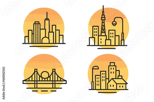 Urban cityscape vector icon set at sunset, modern skyline outline with skyscraper silhouettes, antenna tower, suspension bridge, residential rooftops, streetlights, urban architecture illustration