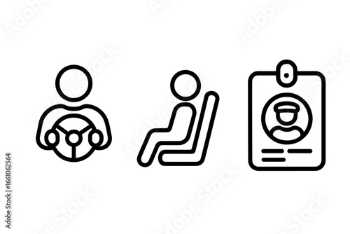 Vector set of transport role icons featuring driver behind steering wheel, passenger seated symbol, and driver profile ID badge. Outline style for taxi, ride sharing, and transportation concepts.