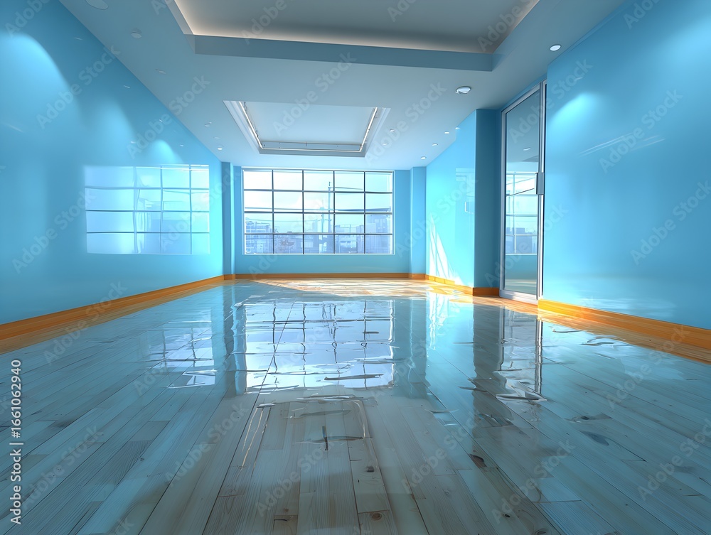 Fototapeta premium Modern blue empty room with large window reflecting cityscape and shiny wood floor under bright light.