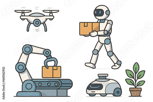 Robotics and automation vector icon set. Includes delivery drone, humanoid worker, industrial robotic arm, and AMR bot. Concepts for logistics, AI, industry 4.0, future tech.
