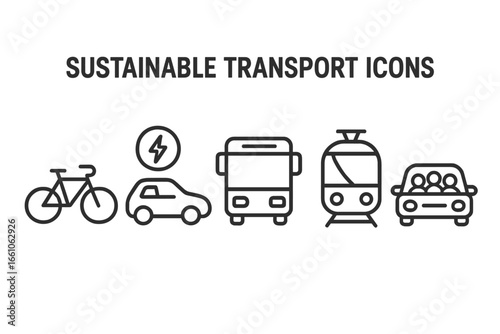 Sustainable transport icons vector set. Outline symbols of eco-friendly transportation: bicycle, electric car with charging, public bus, tram, carpool ride share. Urban mobility, green transit design