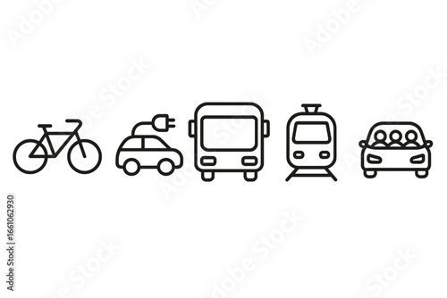 Sustainable transport and eco-friendly mobility outline icons set. Bicycle, electric car with plug, public bus, train, and carpool vehicle symbols. Green transportation vector illustration.