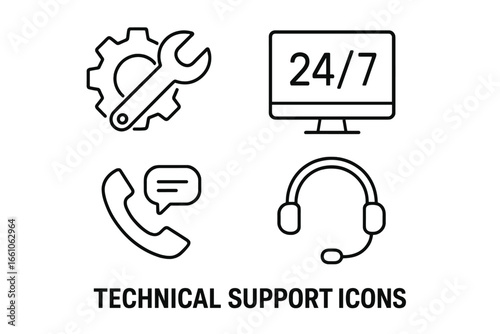 Technical support service icons set. Outline vector illustration of helpline, wrench and gear, computer monitor 24/7, phone receiver, headset. Customer care, online assistance, IT help concept