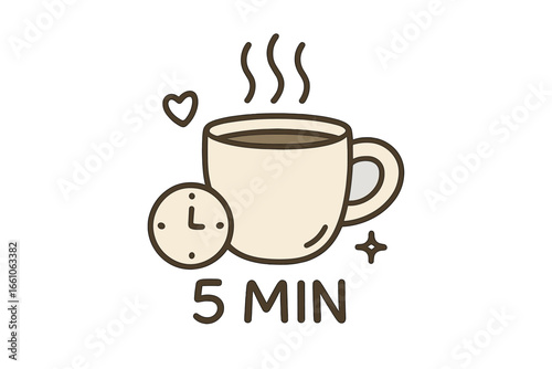 Hot beverage brewing time instruction icon. Five minute tea or coffee steeping timer concept. Cute cartoon vector illustration of a steaming mug, clock and heart symbol.
