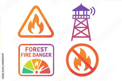 Forest fire danger icon set. Wildfire alert and prevention vector symbols. Collection includes fire watchtower, risk level meter, no flame sign, and hazard pictogram.