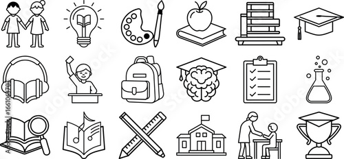 Outline linear icon set featuring editable stroke vectors of school subjects. academic icons for mathematics