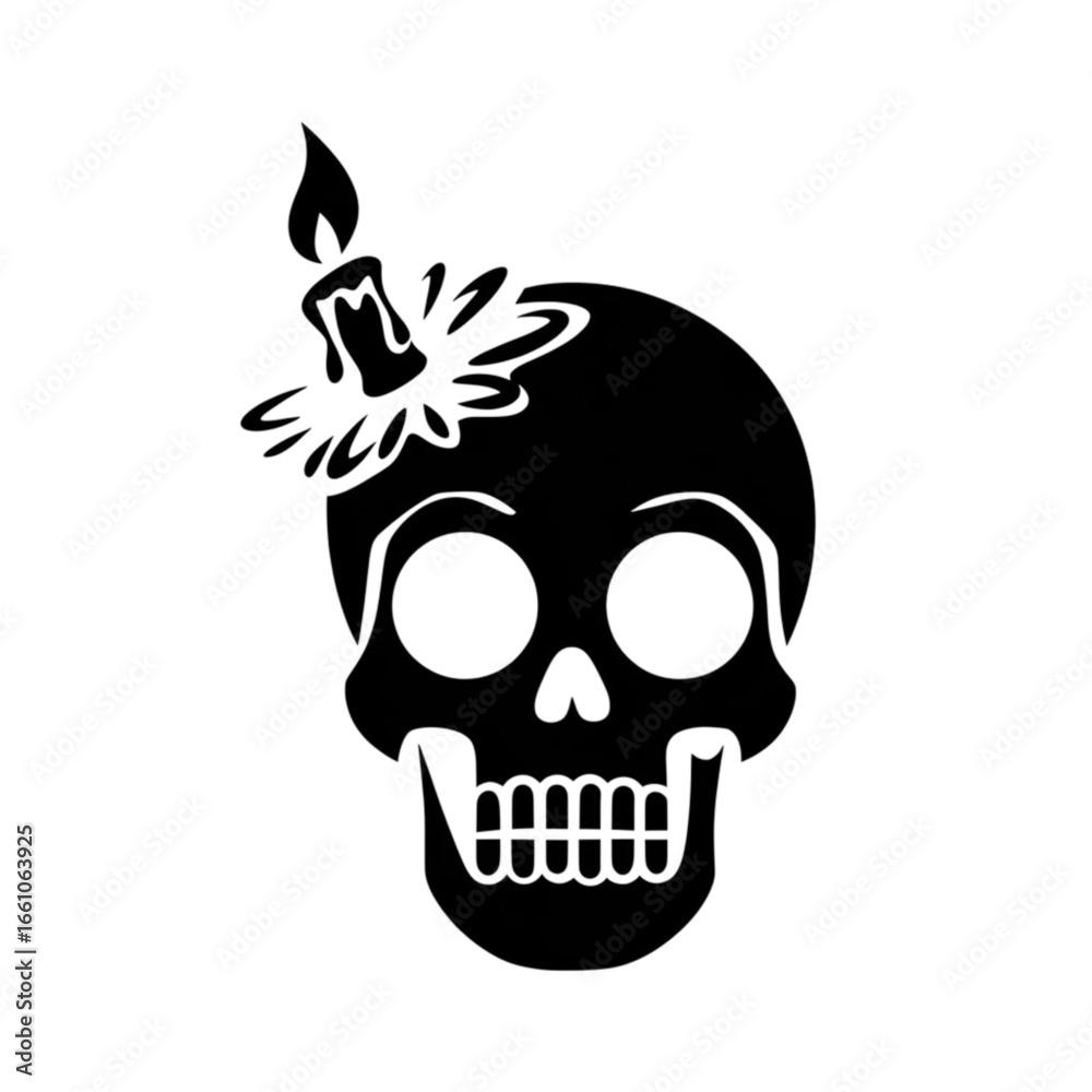 Mysterious black skull with burning candle on head perfect for Halloween or gothic themes Mysterious black skull with burning candle on head perfect for Halloween or gothic themes