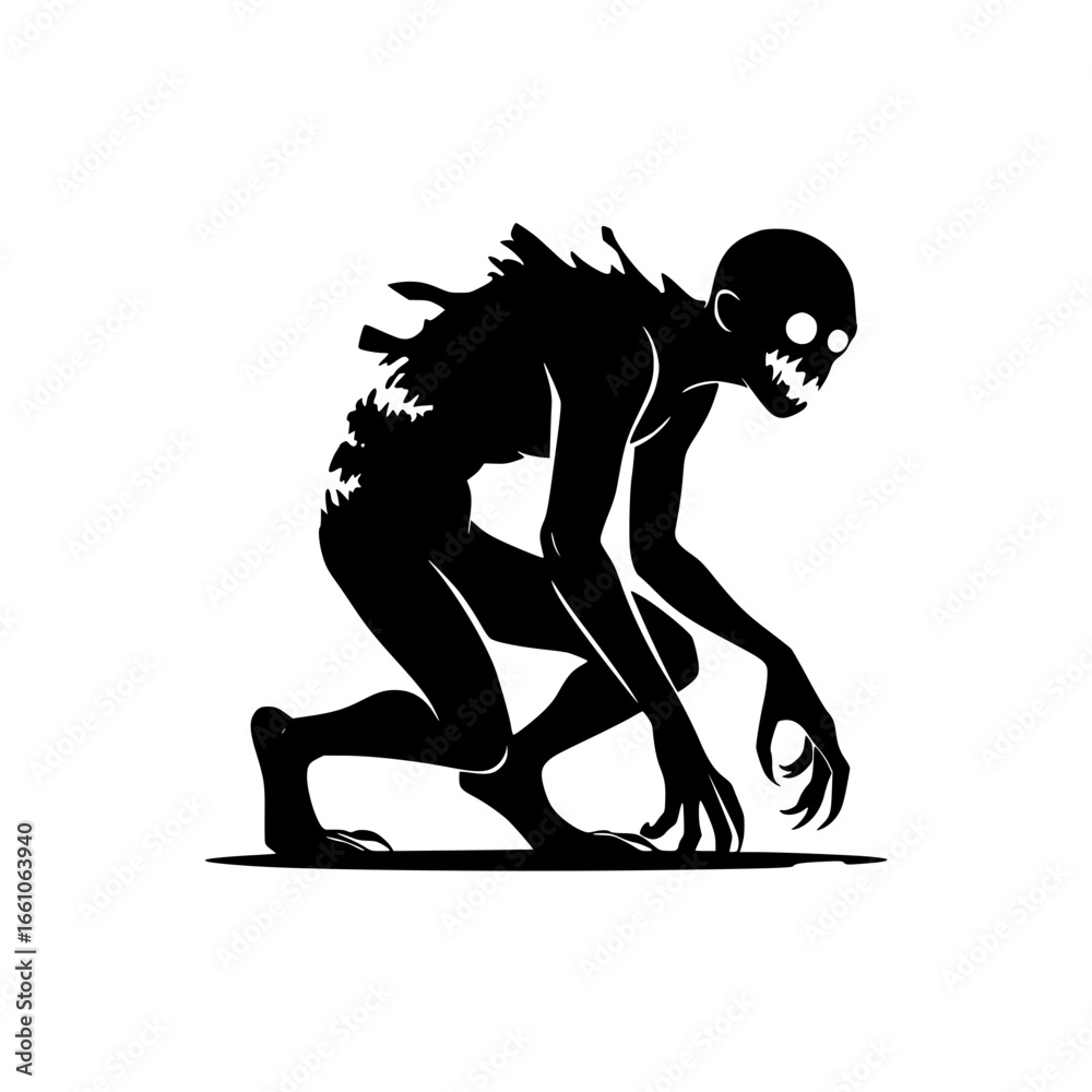 Fototapeta premium Terrifying monster crouches with sharp teeth and glowing eyes a horror silhouette.