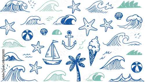 A collection of hand-drawn doodles in blue and turquoise, featuring nautical and summer themes like waves, seashells, and a sailboat