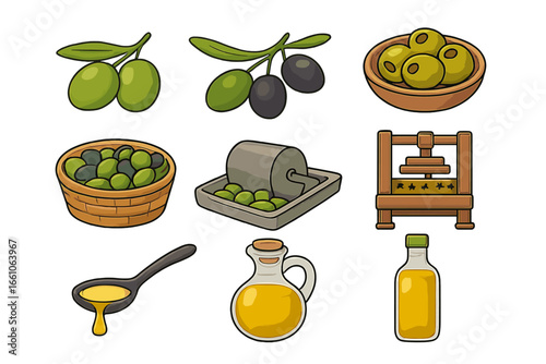 Olive oil production icon set. Cartoon vector graphics of olives, branch, traditional press, and millstone. Food industry, culinary, and healthy cooking ingredient concept.