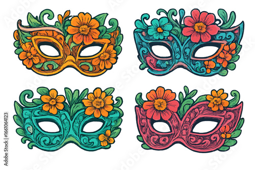 Set of four intricate carnival masks with floral decoration. Vector illustration for Mardi Gras or Venice festival. Colorful masquerade design element with ornate flower patterns.