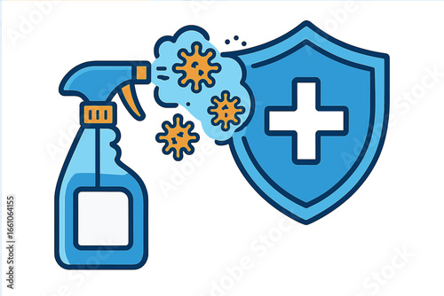 Disinfectant spray bottle kills virus bacteria germs. Shield protection icon. Antiseptic cleaning product. Hygiene, health and safety concept. Vector cartoon illustration isolated.