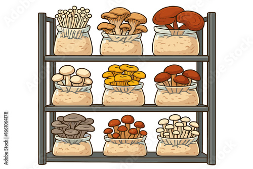 Mushroom cultivation setup for an indoor farm. Mycology concept with various gourmet and edible fungi species growing in jars on shelves. Vector illustration collection.