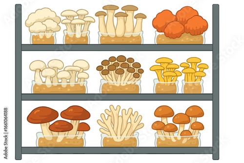 Mushroom cultivation farm with various edible species on shelves. Vector cartoon of growing fungi like shiitake, oyster, enoki. Mycology, home growing, mycelium spawn concept.