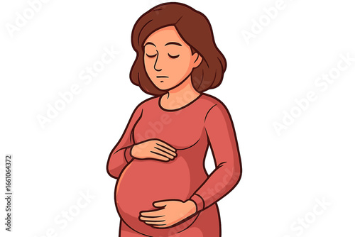 Pregnant woman holding her belly in a serene pose. Maternity and motherhood concept. Expecting a baby. Gentle maternal love and care. Vector cartoon character illustration.