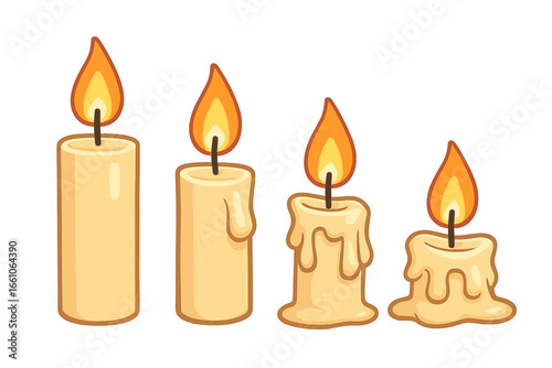 Vector set of burning candles showing progression. Melting wax stages from new to burnt out. Metaphor for life cycle, time passing, deadline. Cartoon animation sequence sprites.
