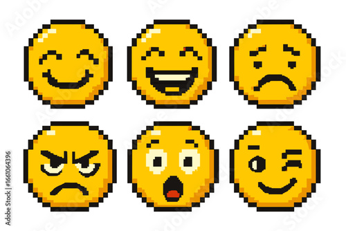 Pixel art emoji set with various emotions. 8-bit retro gaming style smiley face icons. Happy, sad, angry, surprised emoticons for chat or UI. Vector graphic character collection.