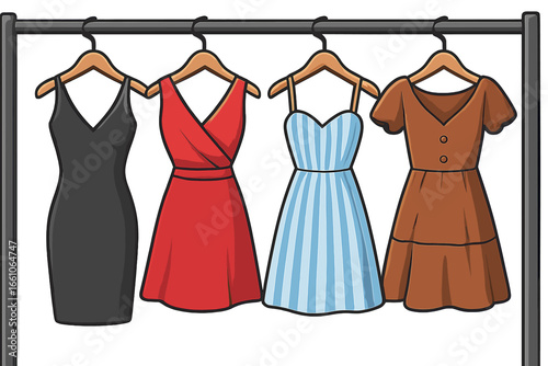 Women's dresses on hangers. Clothing rack in boutique shop. Fashion collection. Summer apparel assortment. Retail sale concept. Wardrobe garment choice. Vector cartoon flat icon.