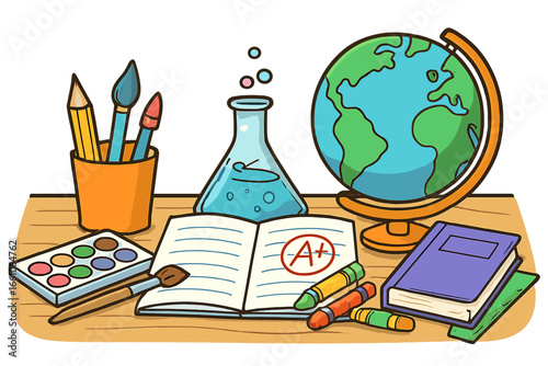 Back to school concept with educational supplies. Desk with globe, science flask, art tools, books, and A+ grade. Vector illustration for creative learning and knowledge.