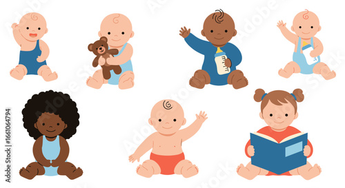Adorable diverse babies playing, reading, and holding toys, capturing childhood joy and innocence
