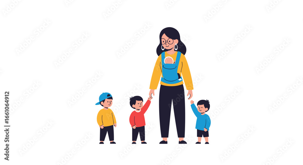 Joyful mother with baby carrier and three cheerful children holding hands in bright, modern style Joyful mother with baby carrier and three cheerful children holding hands in bright, modern style