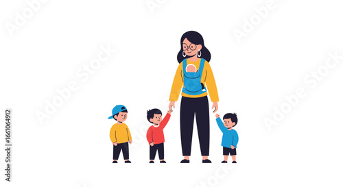 Joyful mother with baby carrier and three cheerful children holding hands in bright, modern style