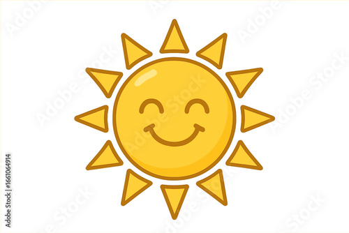 Happy sun cartoon character with a cute smiling face. Sunshine emoji icon for summer weather. Symbol of light, warmth, and happiness. Kids vector illustration on transparent background.