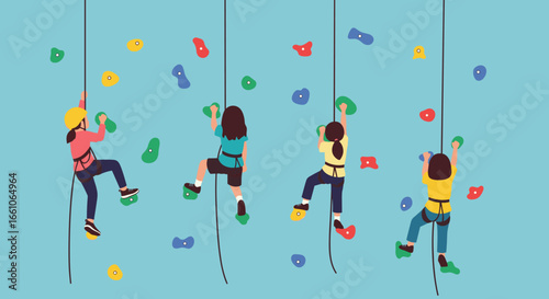 Energetic children climbing colorful indoor rock wall, fostering adventure and physical development