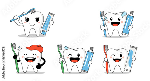 Happy cartoon teeth with toothbrushes and toothpaste promoting dental hygiene and healthy smiles