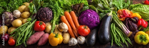 Colorful assortment of carrots potatoes tomatoes artichokes cabbages green beans arranged, organic vegetables still life