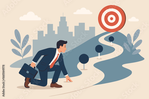 Start new business journey. Career path to achieve goals. Businessman with briefcase on a starting position. Ambition concept to overcome challenge and win. Target. Success.