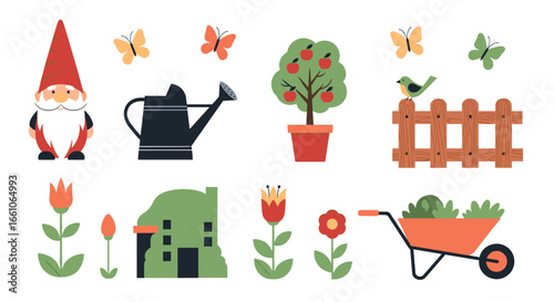 Whimsical garden elements featuring a gnome, watering can, apple tree, fence, flowers, and wheelbarrow.
