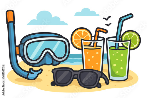 Summer vacation beach essentials concept. Snorkeling mask, sunglasses, and refreshing juice on a sandy tropical shore. Vector cartoon for travel, holiday, leisure and relaxation.