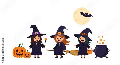 Charming witches celebrate Halloween night with pumpkins, broomsticks, and a bubbling cauldron under a full moon.