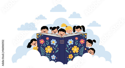 Joyful children peek from behind a magical open book, surrounded by fluffy clouds, igniting imagination and learning