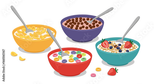 Vibrant bowls of cereal with fruit and spoons invite a healthy, delicious start to any day.