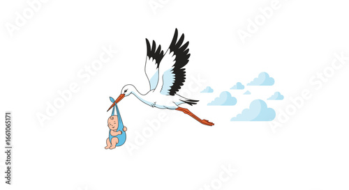 Joyful stork delivers precious baby through bright sky with fluffy clouds, symbolizing new beginnings