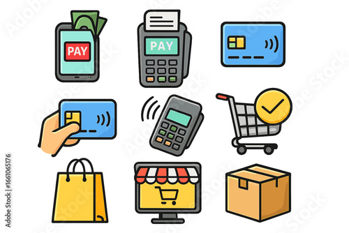 E-commerce icon set for online shopping and retail. Vector icons of credit card, mobile payment, POS terminal, digital wallet, delivery and contactless transaction for fintech.