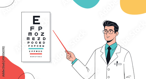 Optometrist demonstrating eye chart during vision exam in modern medical office setting