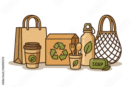 Sustainable packaging materials and eco-friendly products set. Zero waste lifestyle concept with reusable bag, coffee cup, water bottle. Go green for Earth conservation vector.
