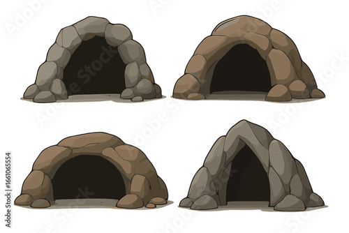 Vector cartoon cave entrances set. Diverse rocky cave entrance designs, unique shapes and textures for creative projects, fantasy illustration, prehistoric shelter, adventure themed backgrounds.