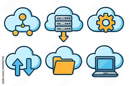 Cloud computing vector icons set. Cartoon cloud technology symbols for networking, server storage, settings, file sharing, upload download, digital infrastructure, online services illustration.