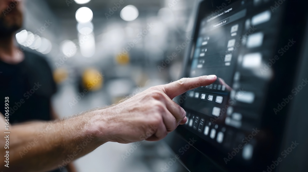 Naklejka premium Touchscreen interface displaying live hine status in a smart factory control system
