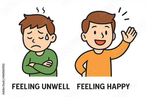 Man feeling unwell vs happy. Contrast between sick and healthy states. Before and after comparison. Sad boy with fever, cheerful man waving. Health, emotion vector illustration.