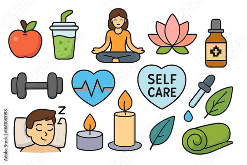 Self care icons. Health and wellness activities. Healthy lifestyle, balanced diet, fitness, yoga, meditation, good sleep, relaxation. Mental wellbeing concept. Vector set.