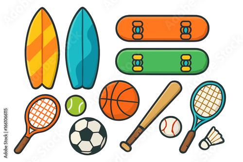 Sports equipment vector set. Flat cartoon illustration of various sport gear icons. Surfboard, skateboard, basketball, soccer, baseball, tennis, badminton. Active lifestyle concept.